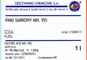 Etykieta - Kwas Siarkowy: stężenie 95%, M=98,08g/mol, g=1/84g/ml