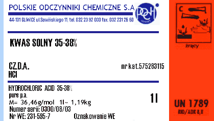 Etykieta kwasu solnego Jak obliczyć stężenie kwasu solneg - zbór zadań
